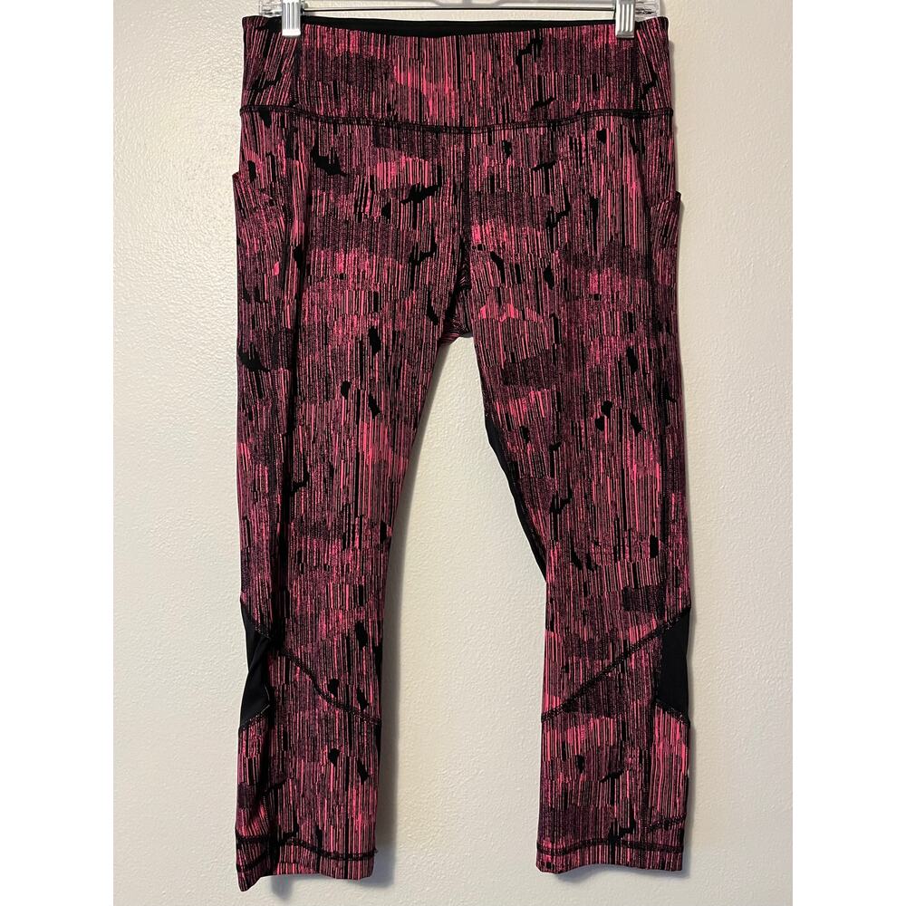 Lululemon Pace Rival Crop Down Pour Electric Coral Pink Black Leggings Womens 8